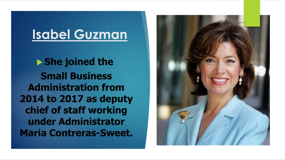 Career slide describing Guzman's SBA deputy chief of staff role under Maria Contreras-Sweet from 2014 to 2017