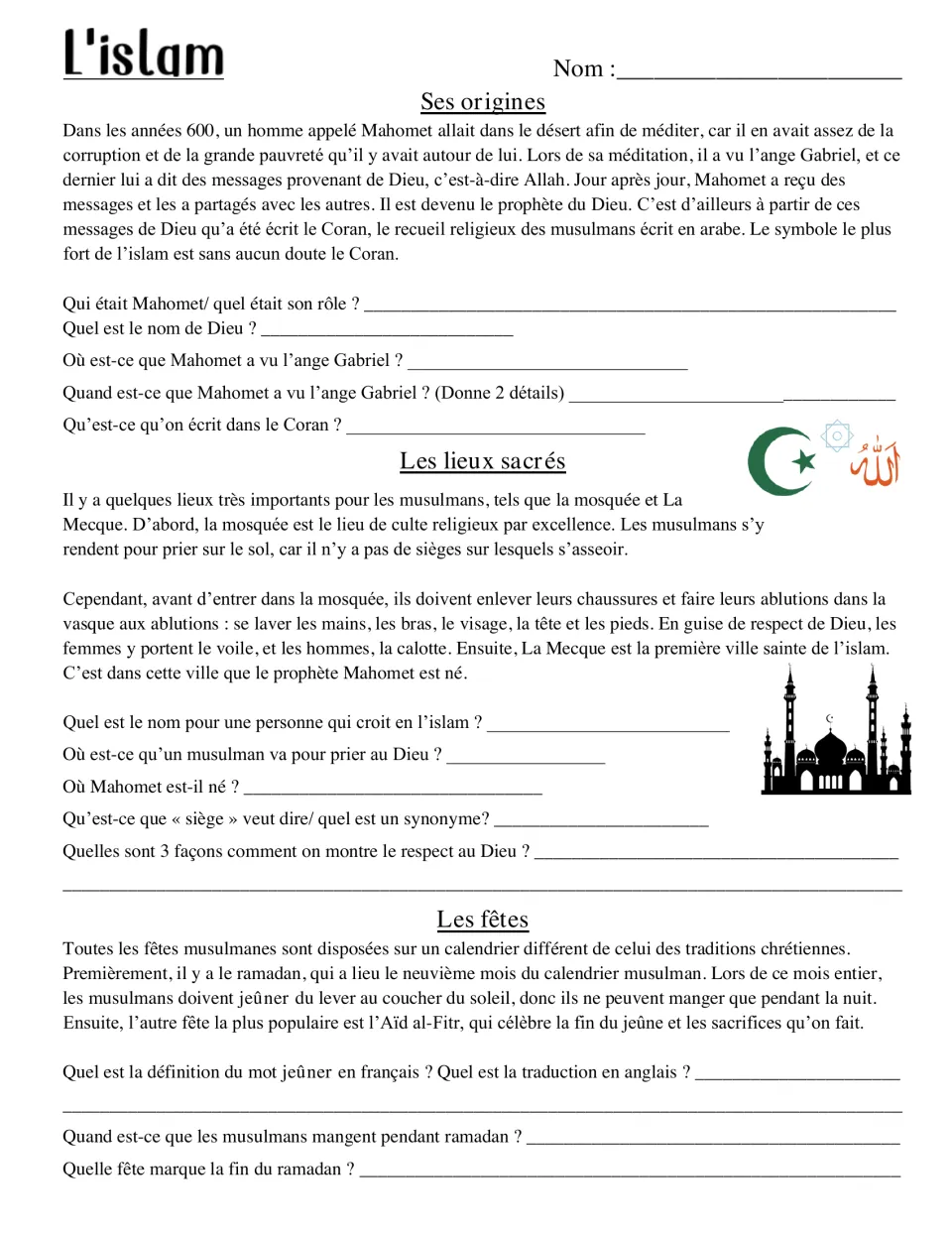 French reading on Islam: Ses origines, Les lieux sacrés and Les fêtes sections, each with questions