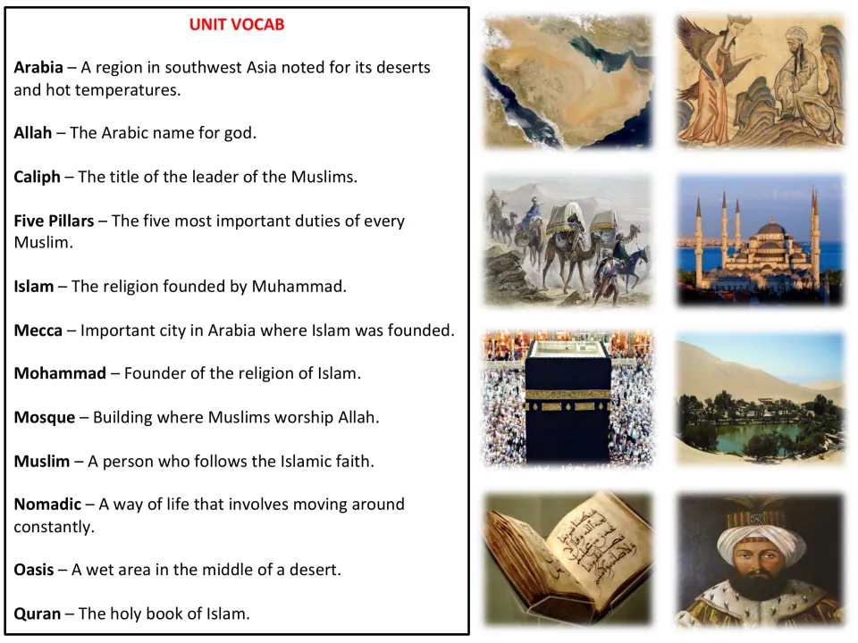Unit vocabulary: definitions of 12 terms such as Caliph, Five Pillars, Mosque and Oasis, shown beside matching photos