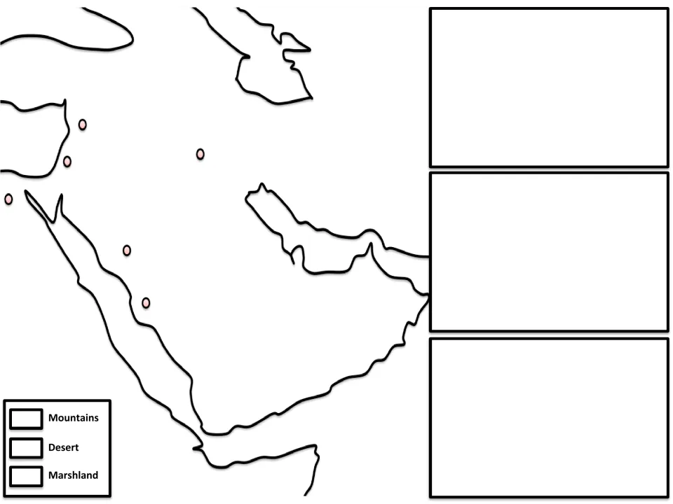 Arabian Peninsula outline map: students label regions, cities and waters and shade mountains, desert and marshland