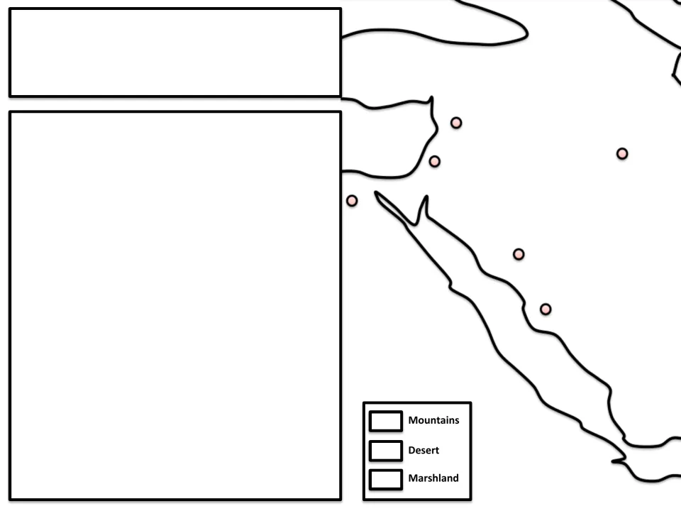 Cut-out piece of a large Arabian map: Red Sea coast and Levant with city dots, a land-type key and note spaces