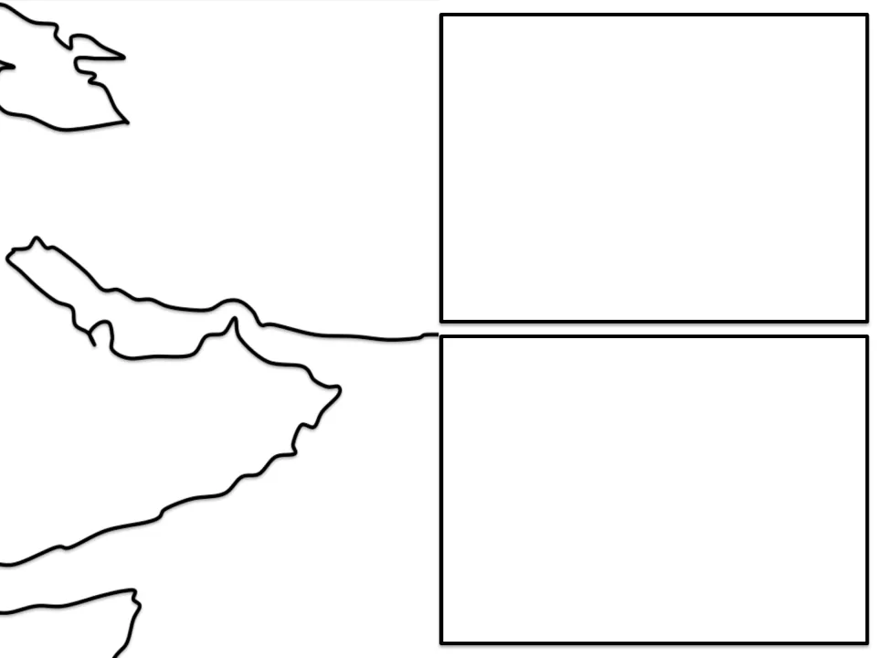 Cut-out piece of a large Arabian map: Persian Gulf and Arabian Sea coastline beside two blank summary spaces