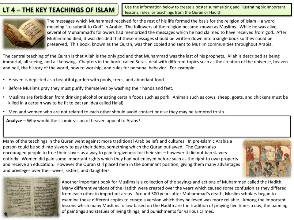 Islamic teachings reading on the Quran, Hadith and women's rights; students make a six-teaching poster and analyze heaven