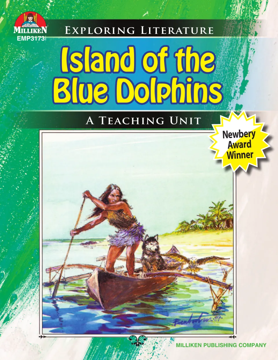 Island of the Blue Dolphins teaching unit cover: a girl poling a canoe with a dog and a bird near an island shore