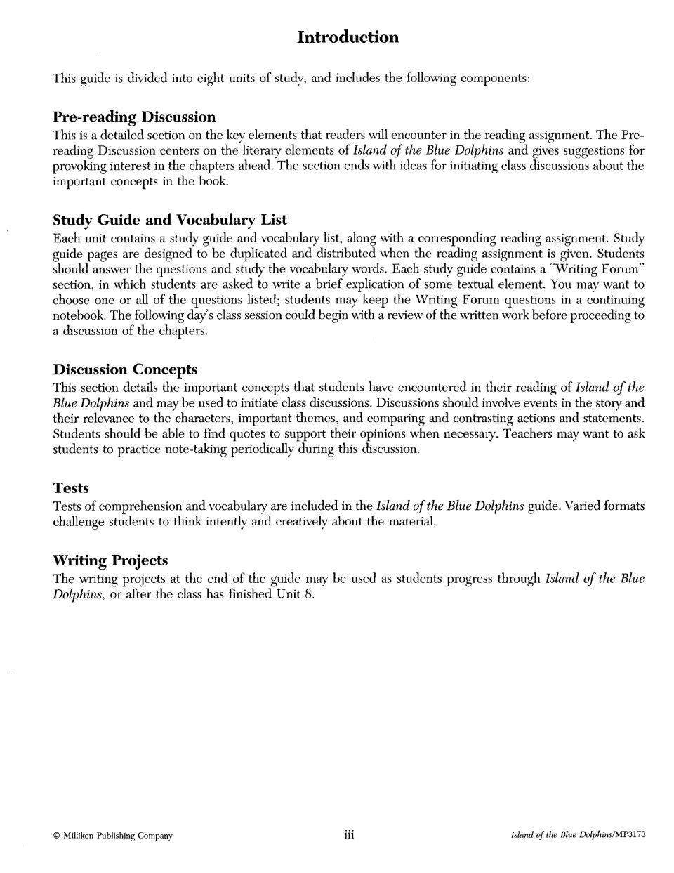 Introduction to the guide's parts: pre-reading discussion, study guide, discussion concepts, tests, writing projects
