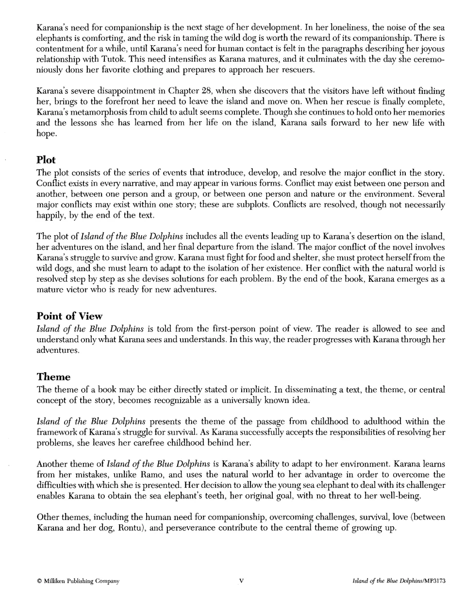 Background continued: Karana's growth, survival conflict, first-person point of view and growing-up theme