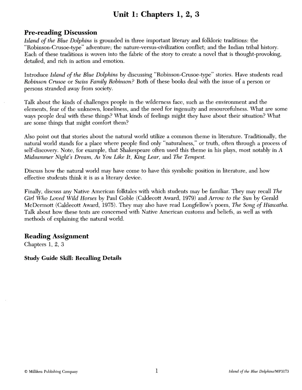 Unit 1 pre-reading discussion for Chapters 1–3 on Robinson Crusoe-type stories and Native American folktales