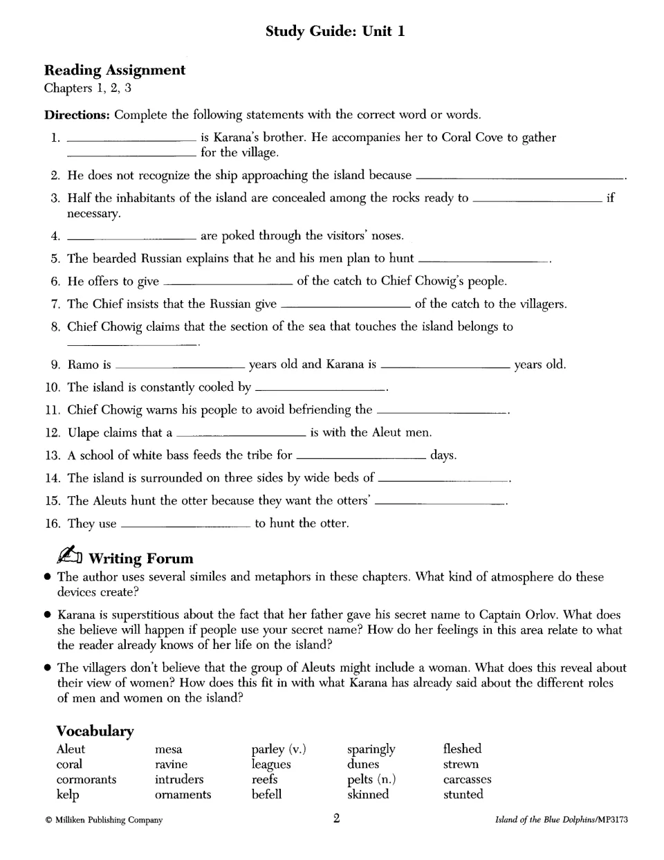 Unit 1 study guide: 16 fill-in statements, 3 Writing Forum prompts and 20 vocabulary words such as kelp and mesa