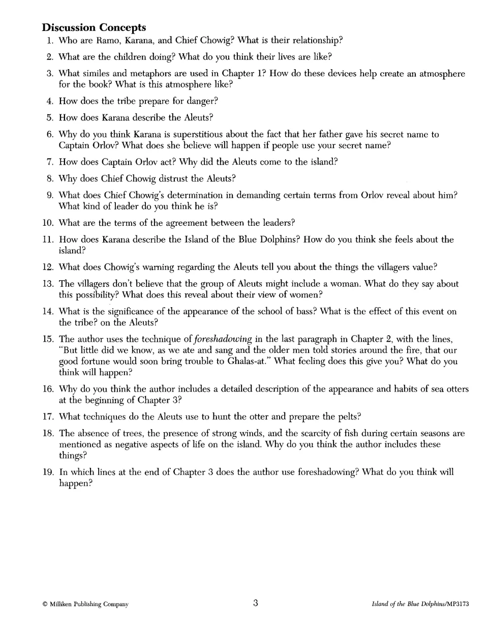 Unit 1 discussion concepts: 19 questions, from 'Who are Ramo, Karana, and Chief Chowig?' to foreshadowing