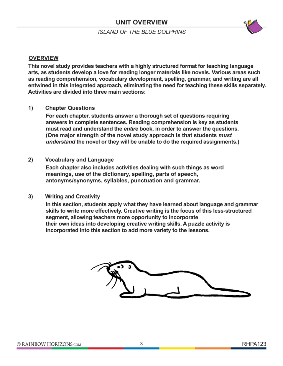 Unit overview explaining the three sections: chapter questions, vocabulary and language, and writing and creativity
