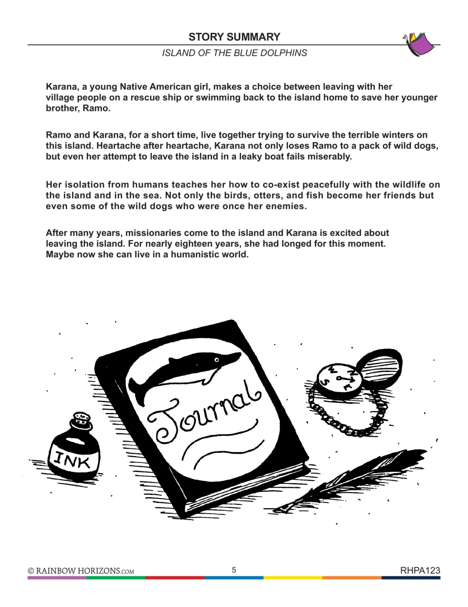 Story summary of Karana surviving alone on the island after losing Ramo to wild dogs, ending as missionaries arrive