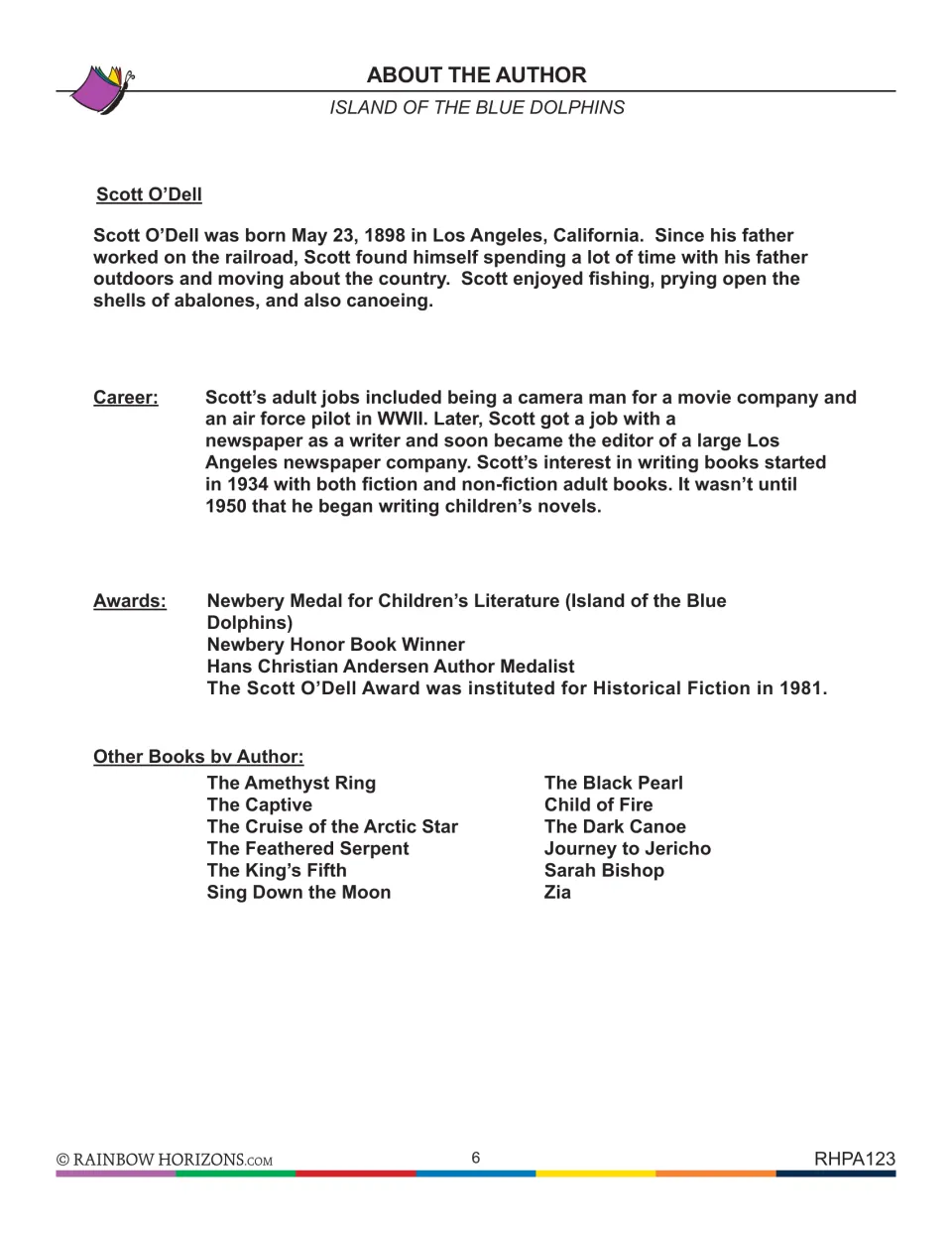 About the author: Scott O'Dell's childhood, career as a newspaper editor, Newbery Medal and a list of his other books