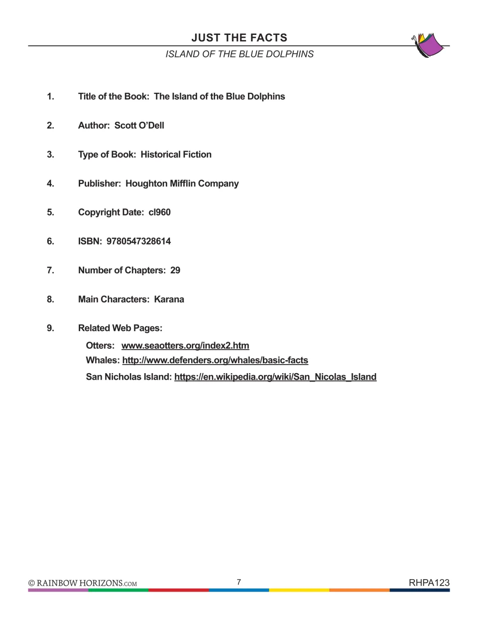 Just the facts: book details including author Scott O'Dell, historical fiction genre, 29 chapters and related web pages