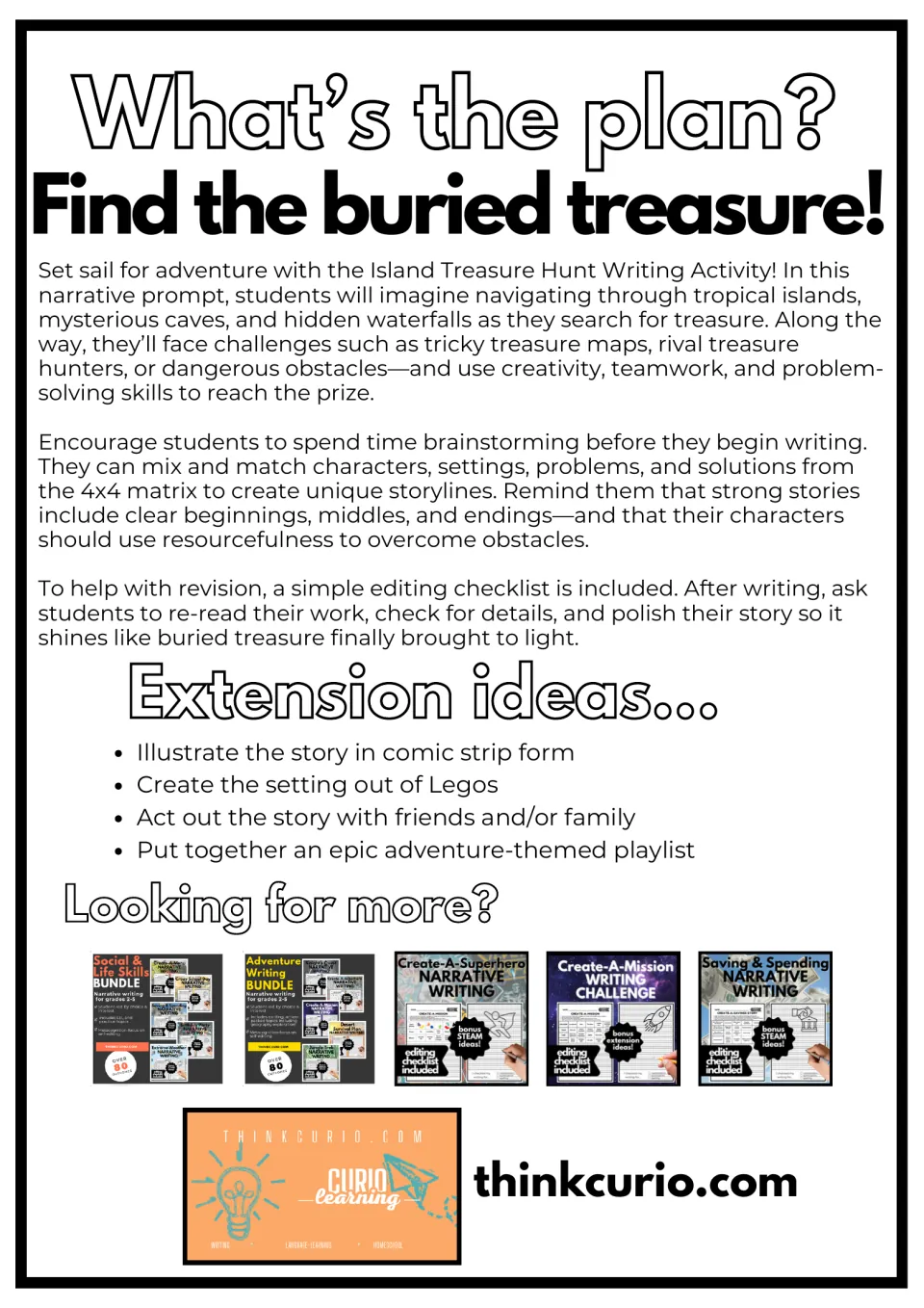 Teacher notes, Find the buried treasure!: plan for the narrative prompt, brainstorming tips and four extension ideas