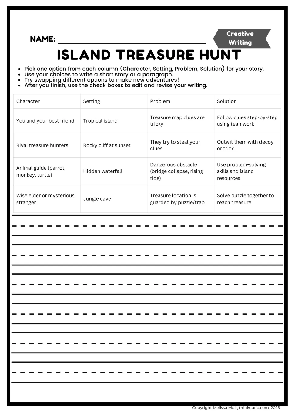 Story planning: students pick a character, setting, problem and solution from a 4x4 menu, then write their adventure