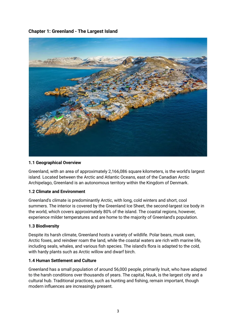 Chapter 1 reading on Greenland, the largest island, covering Arctic climate, wildlife and Inuit culture