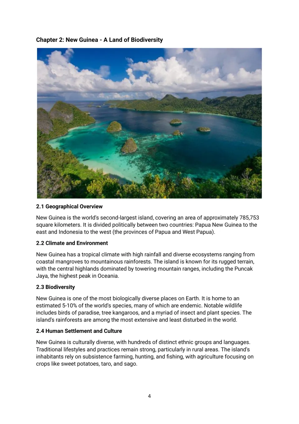 Chapter 2 reading on New Guinea, covering its divided territory, tropical rainforests, wildlife and cultures