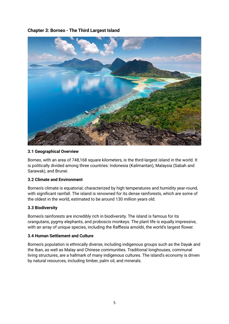 Chapter 3 reading on Borneo, covering its three countries, equatorial climate, rainforest wildlife and cultures
