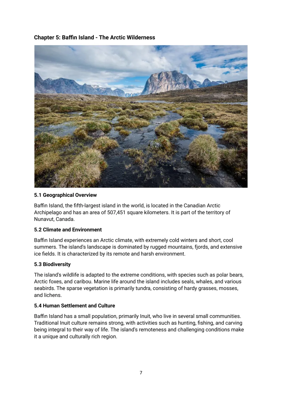 Chapter 5 reading on Baffin Island, covering its location in Nunavut, Arctic climate, wildlife and Inuit culture