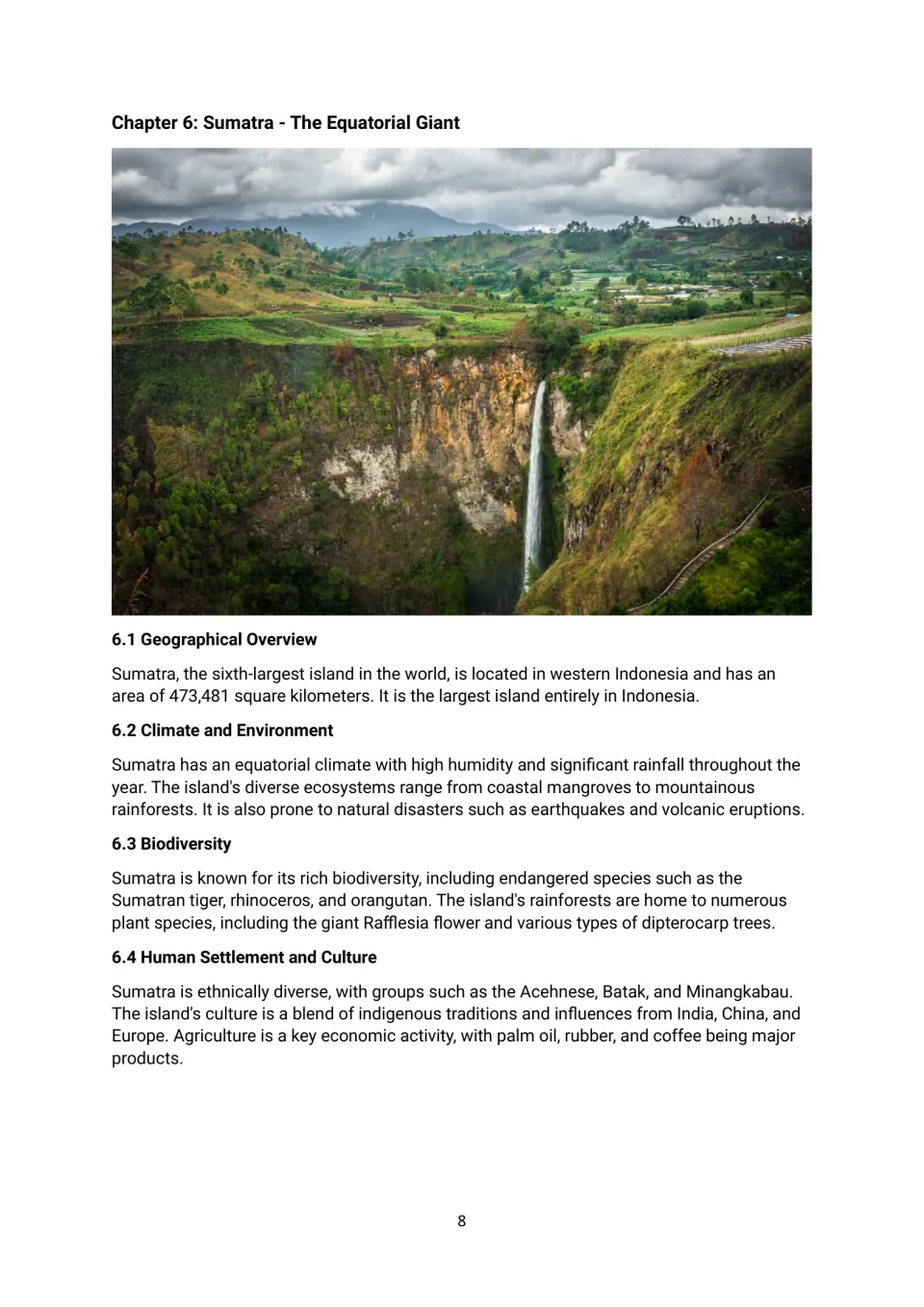 Chapter 6 reading on Sumatra, covering its Indonesian location, equatorial climate, endangered wildlife and cultures
