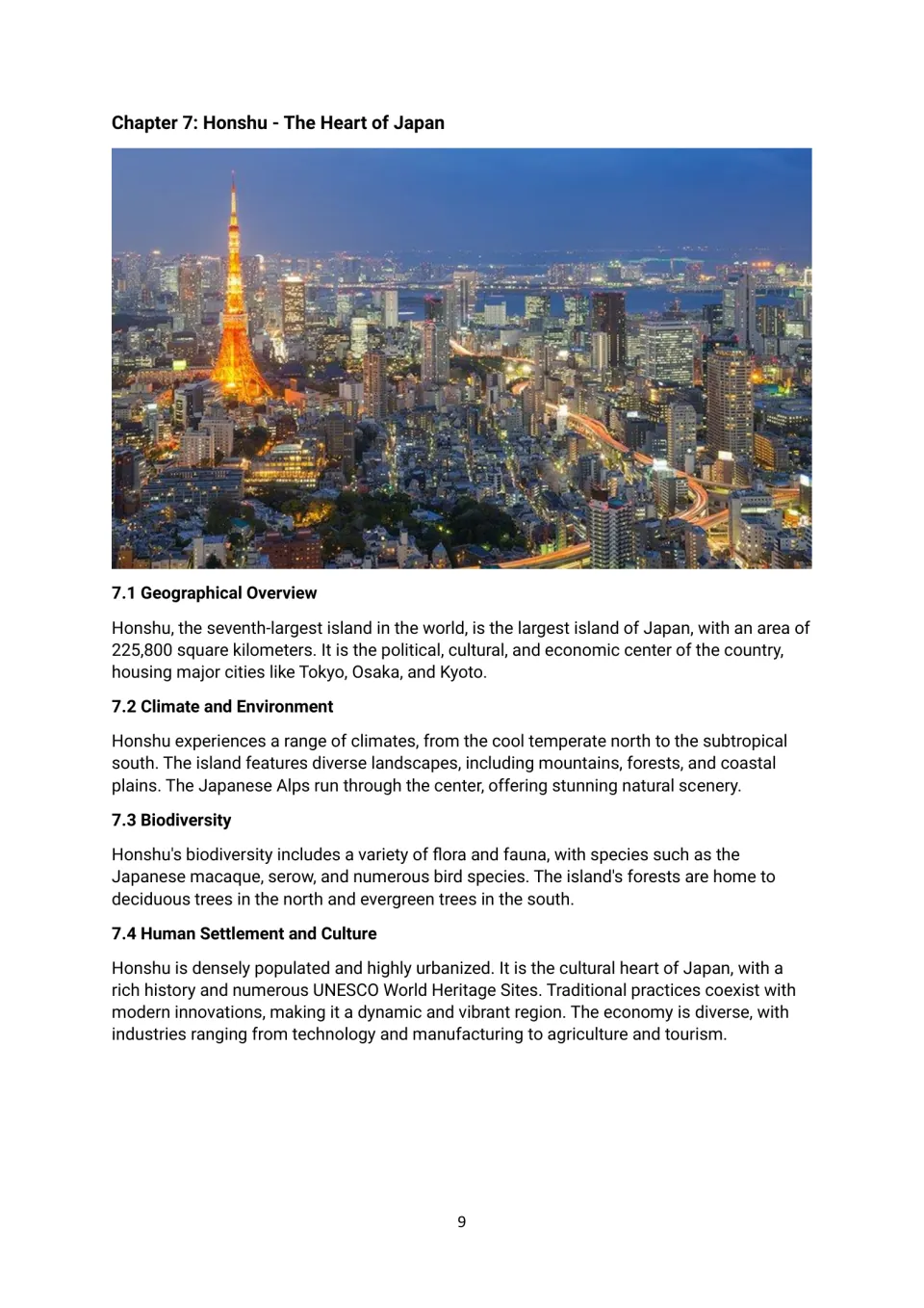 Chapter 7 reading on Honshu, covering Japan's largest island, its climates, wildlife, cities and cultural traditions