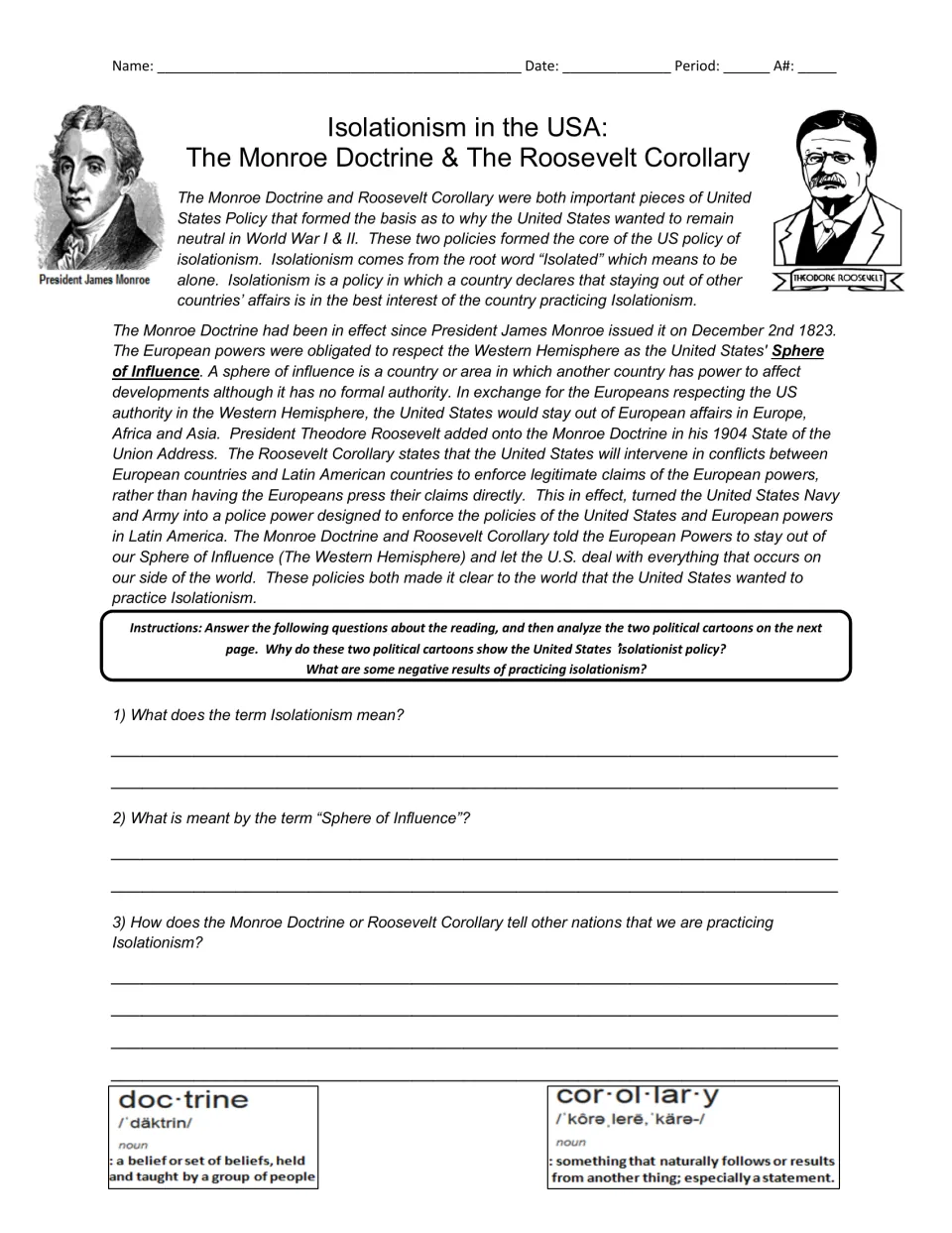 Reading on U.S. isolationism, the Monroe Doctrine, and Roosevelt Corollary, followed by questions 1–3