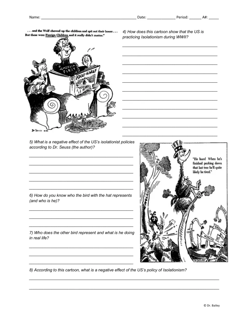 Political cartoon analysis, questions 4–8: Dr. Seuss cartoons on America First and Nazi expansion