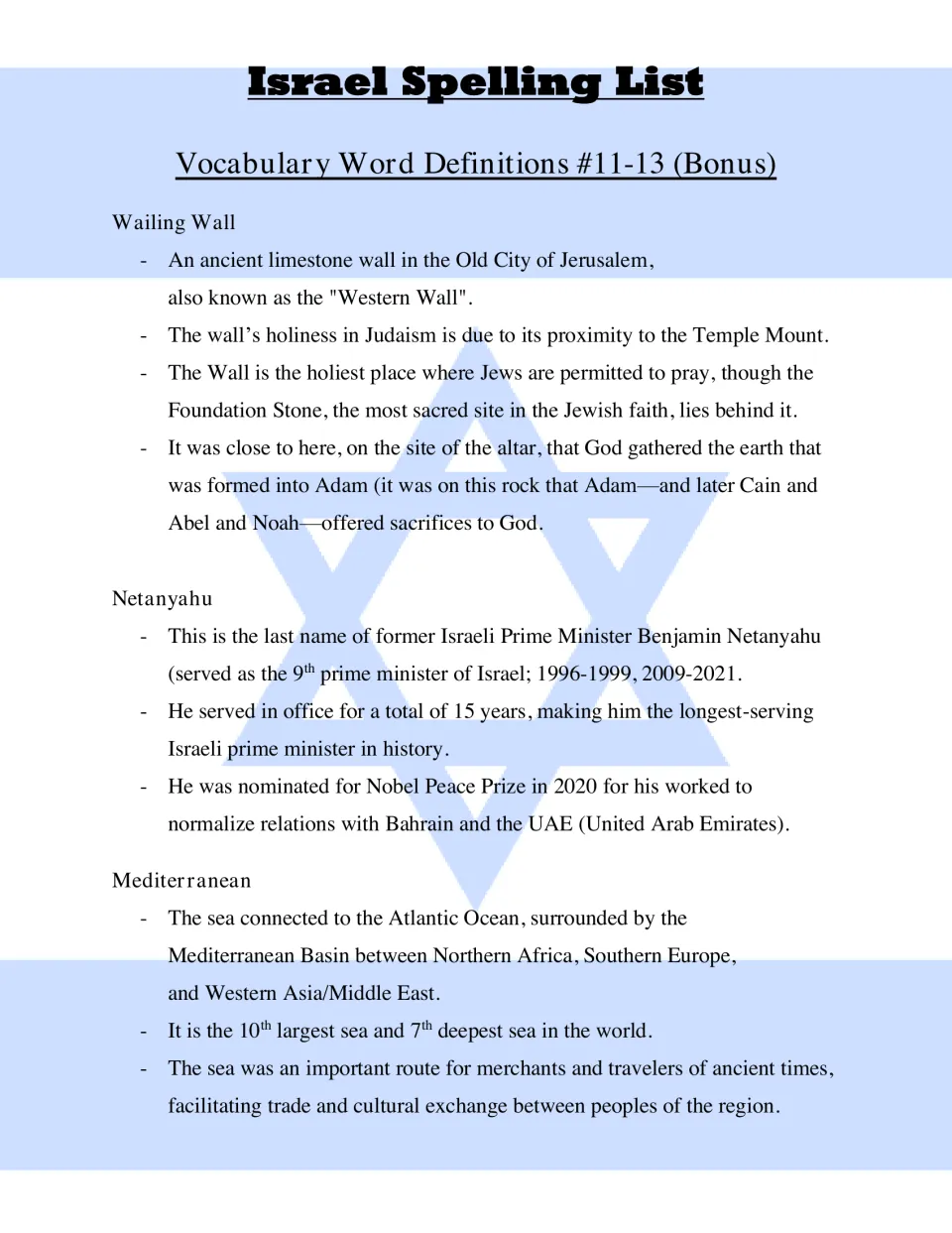 Bonus word definitions 11-13: facts on the Wailing Wall, Prime Minister Netanyahu and the Mediterranean Sea