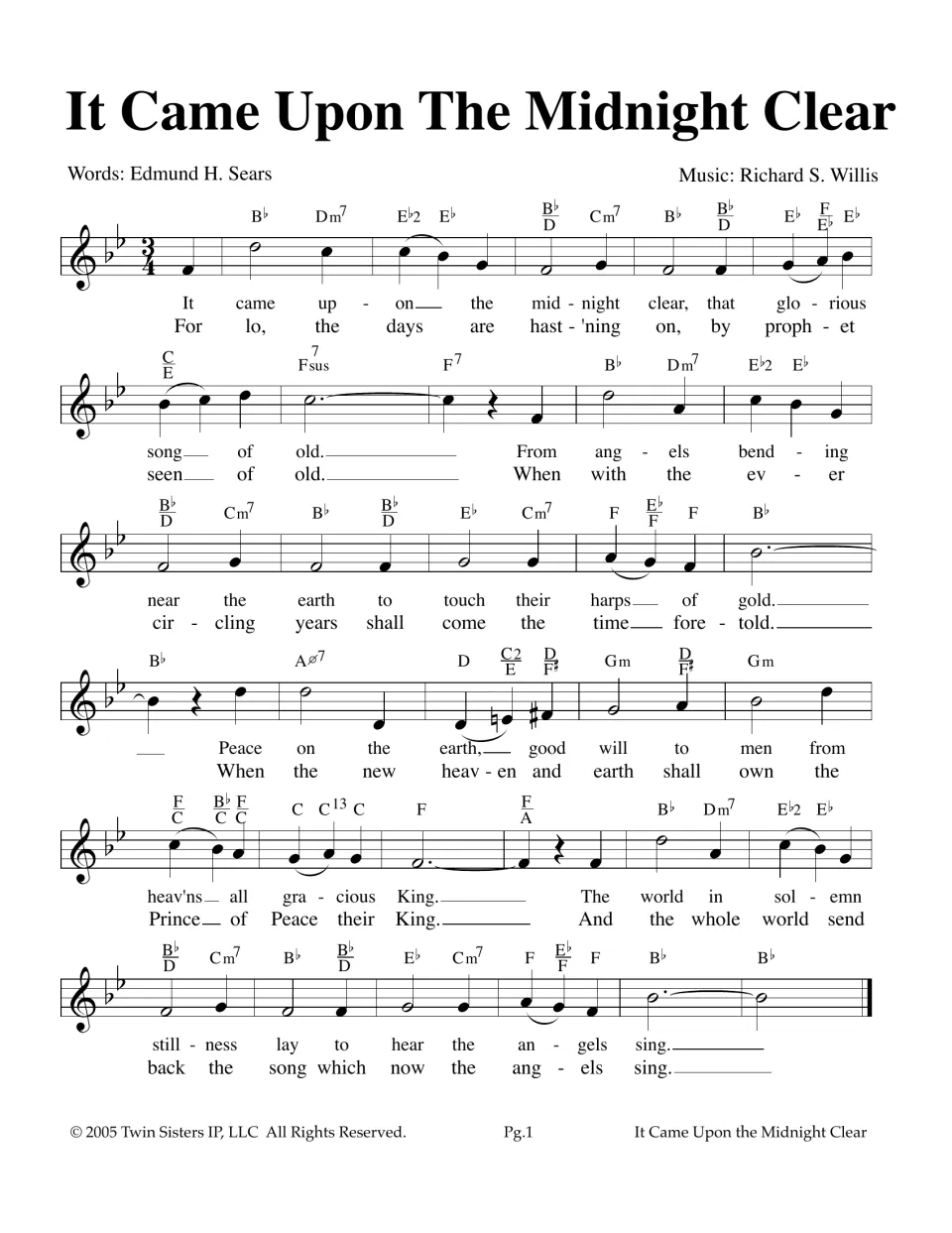 It Came Upon the Midnight Clear lead sheet in B-flat, 3/4: melody with chord symbols and two verses of lyrics to sing