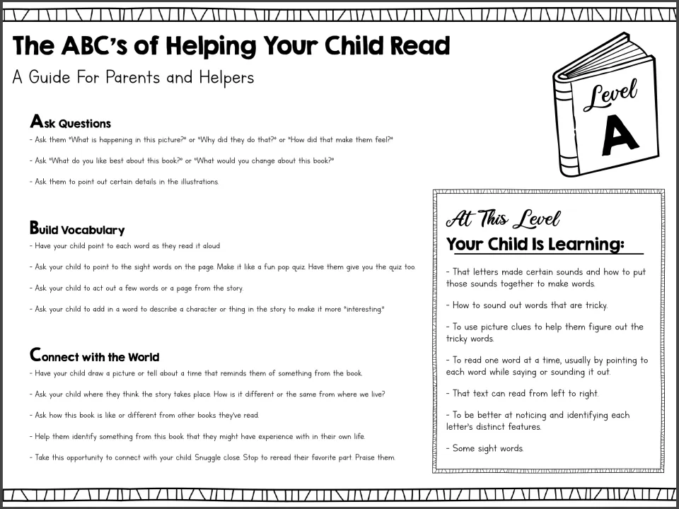 Parent guide for Level A reading: ask questions, build vocabulary, connect with the world, and track words