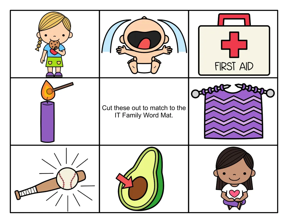 Color -it picture cards to cut out and match to the word mat: girl biting a cookie, crying baby, first aid kit, lit candle