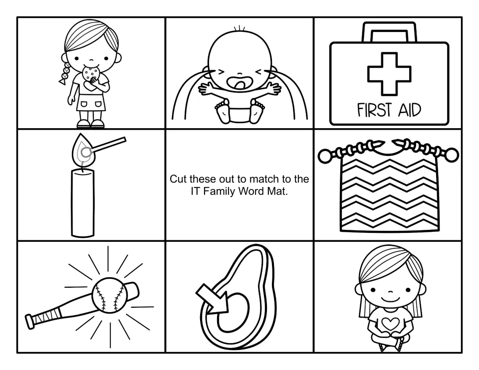 Black-and-white -it picture cards to cut out for the word mat: cookie bite, tantrum, first aid kit, candle, knitting, bat