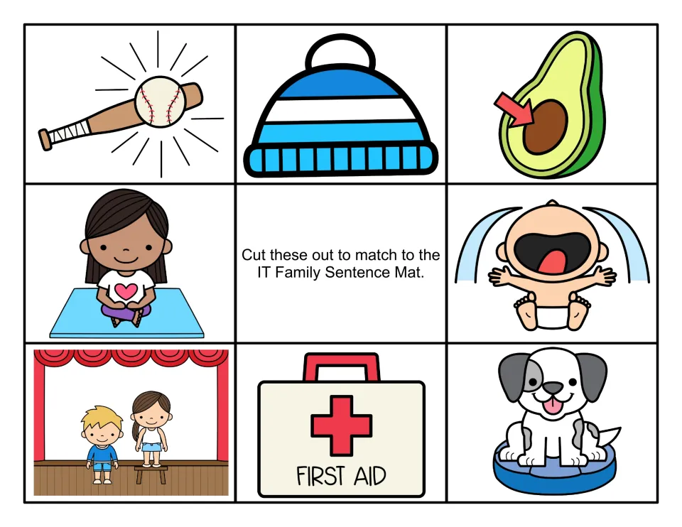 Color picture cards to match to the -it sentence mat: bat and ball, knit cap, avocado pit, stage skit, dog on bed