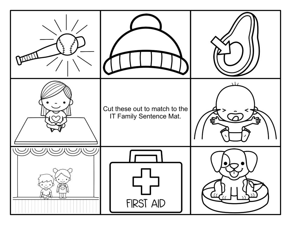 Black-and-white picture cards for the -it sentence mat: bat hitting ball, knit hat, girl on a mat, crying baby, dog on a bed