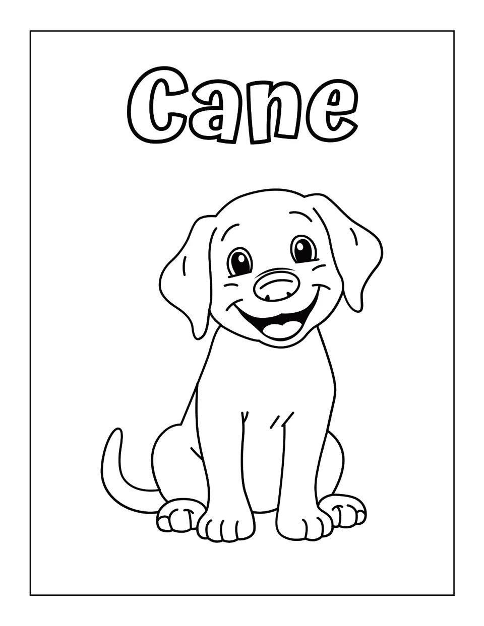 Cane (dog): students color a smiling seated puppy while learning the Italian word written in bubble letters above