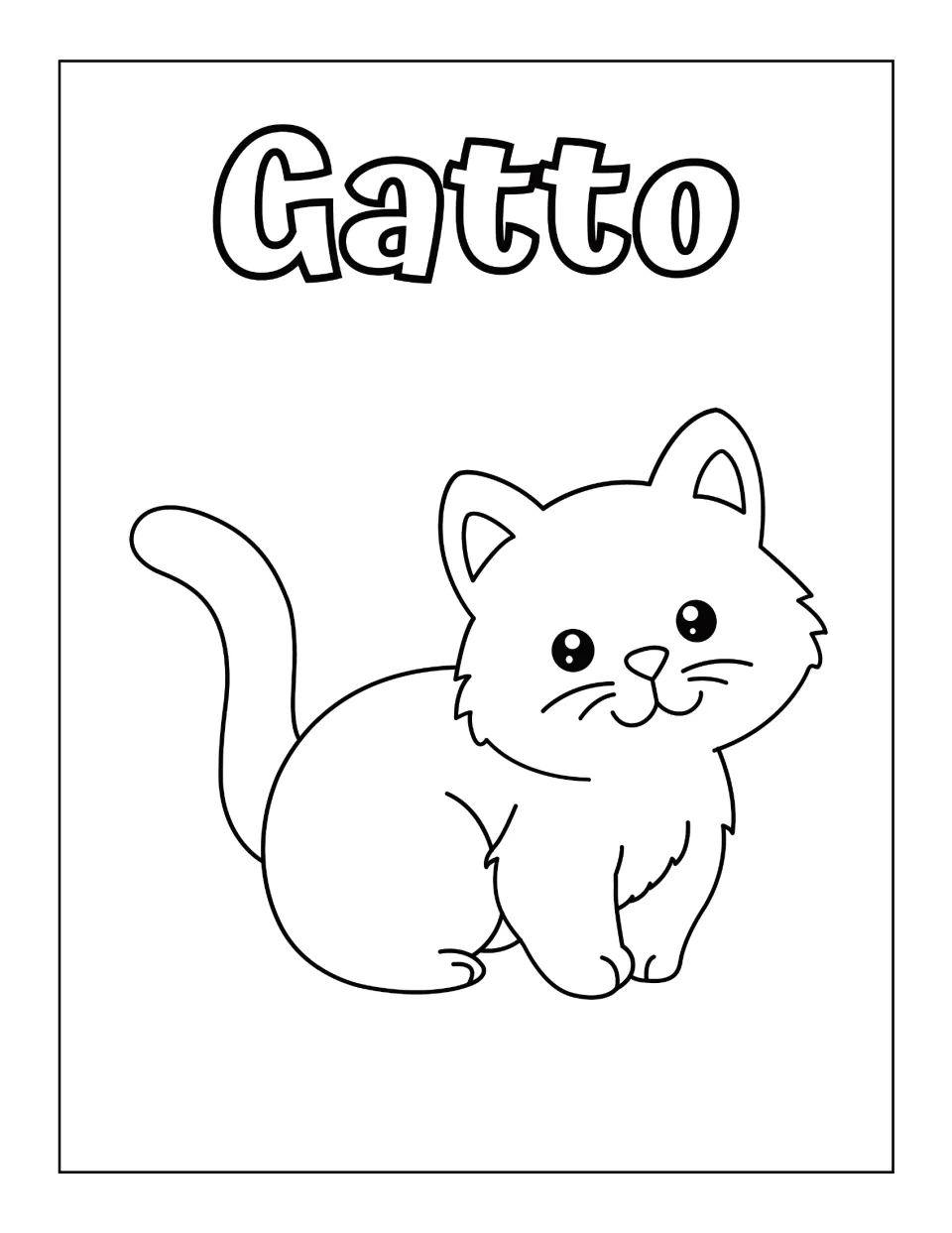 Gatto (cat): a fluffy kitten with a curled tail to color, with its Italian label in outline letters to fill in too