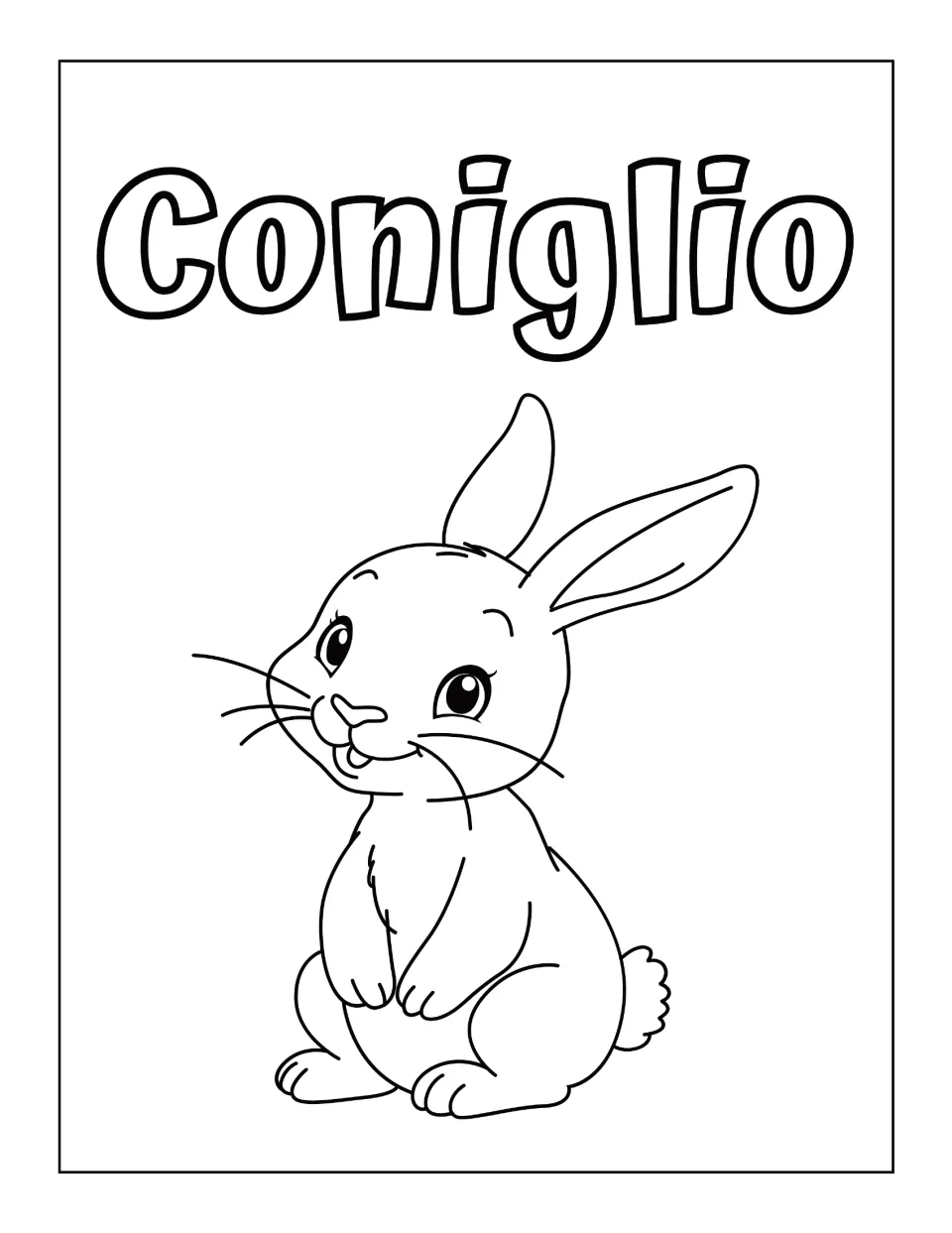 Coniglio (rabbit): students color a sitting bunny with long ears and whiskers beneath the outlined vocabulary word