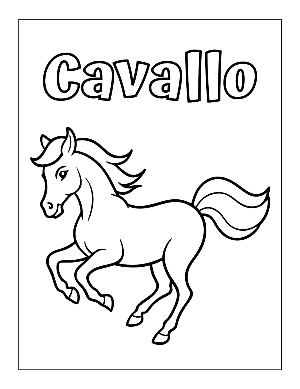 Cavallo (horse): a galloping horse with a flowing mane and tail to color, headed by its name in hollow lettering