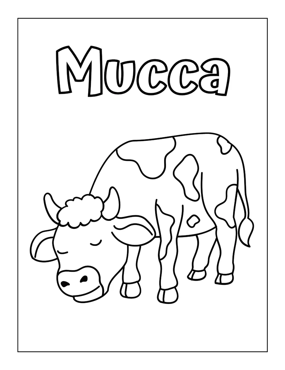 Mucca (cow): students color a spotted cow grazing with its head down, labeled with the Italian word for cow