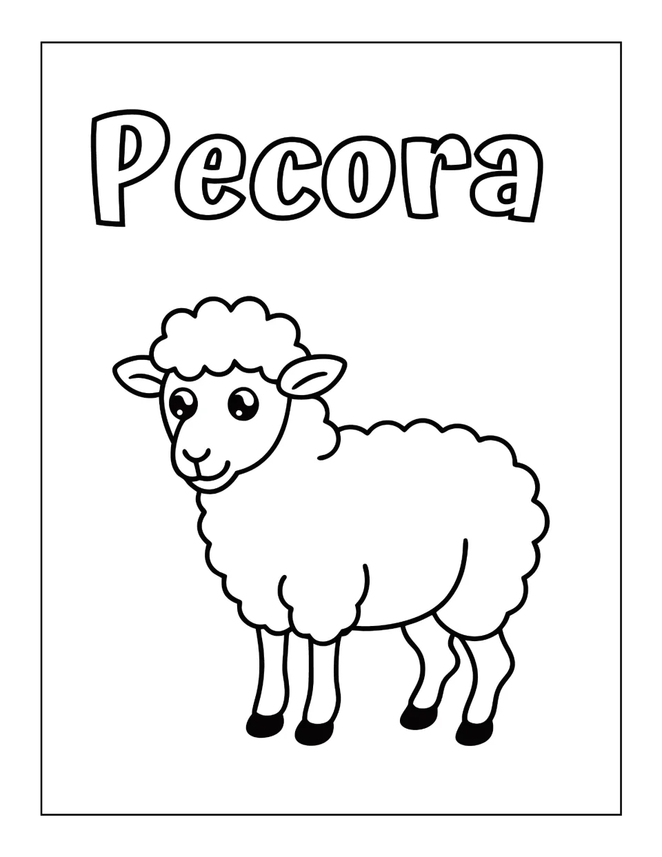 Pecora (sheep): a woolly sheep with curly fleece and dark hooves to color, captioned with the matching Italian noun