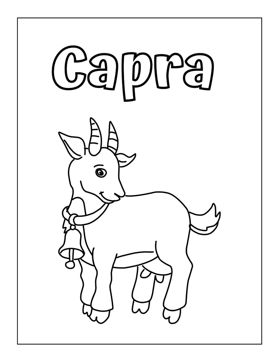 Capra (goat): students color a horned goat wearing a bell on its collar, with the animal's name in bubble letters