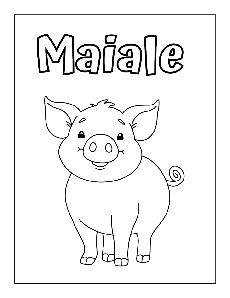 Maiale (pig): a smiling round pig with a curly tail to color, topped by the Italian term in large outline lettering