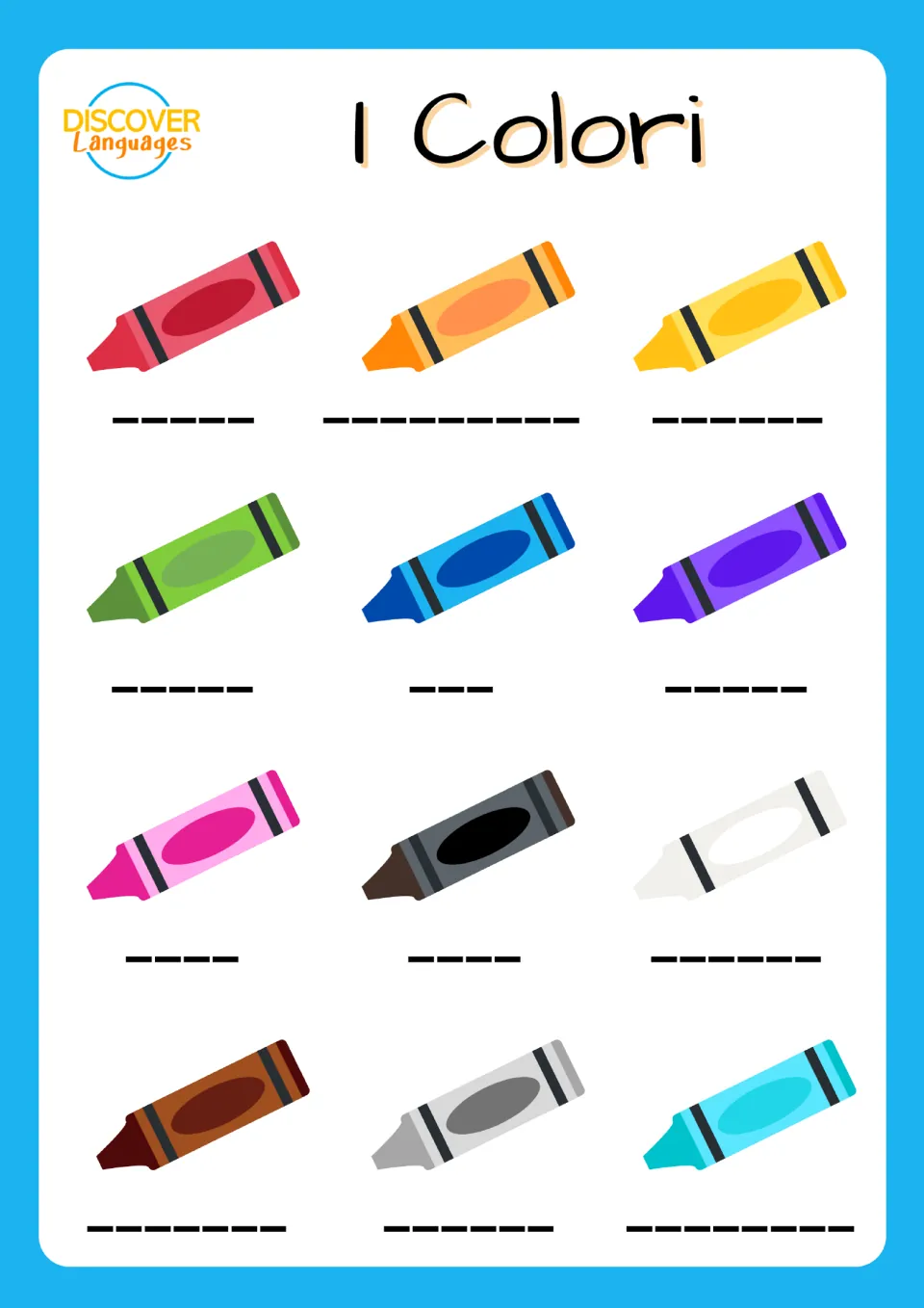 Italian color writing practice: students write the color word on the blank under each of 12 colored crayons