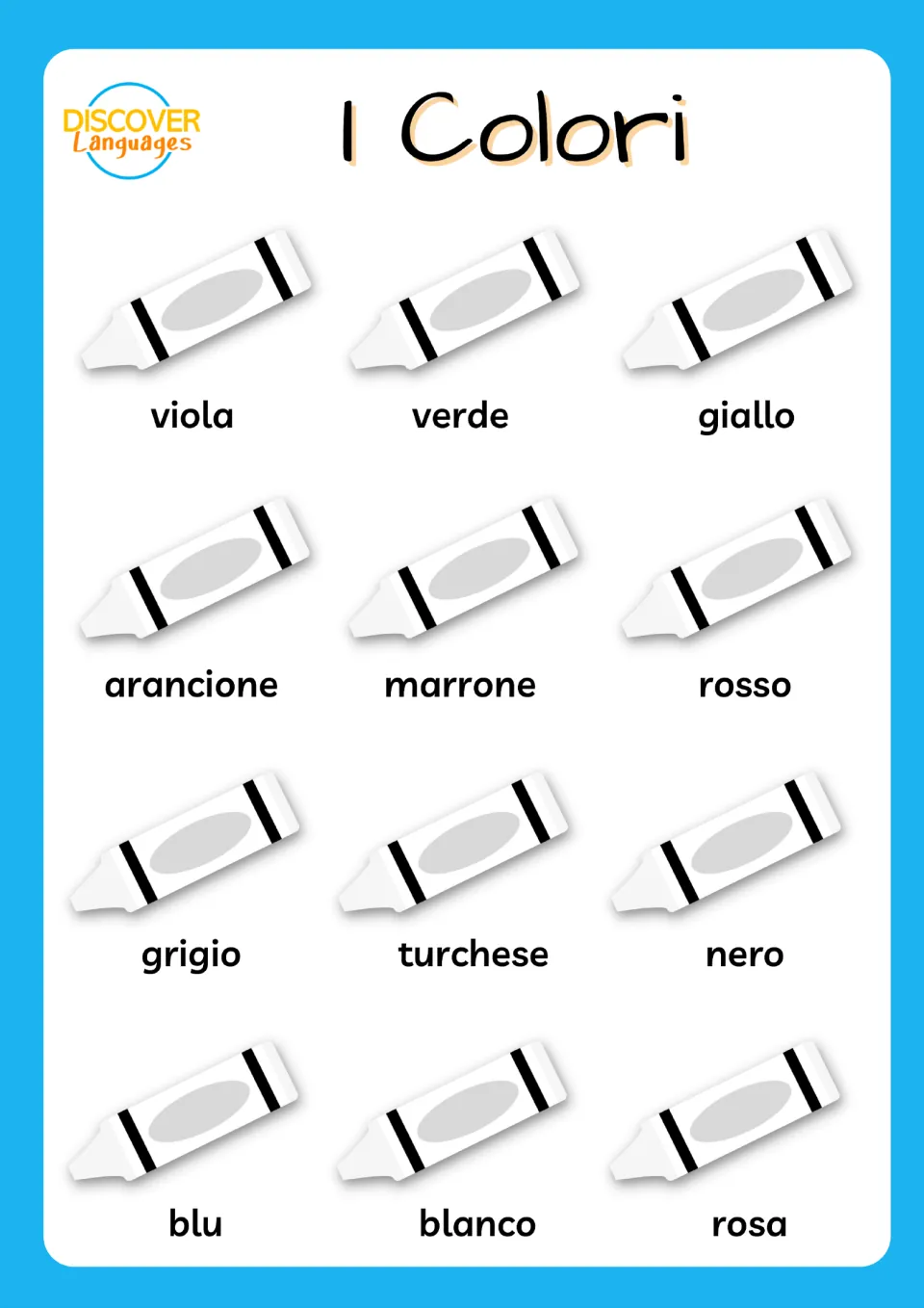 Italian color reading: students color each blank crayon to match its label, such as viola, rosso or nero