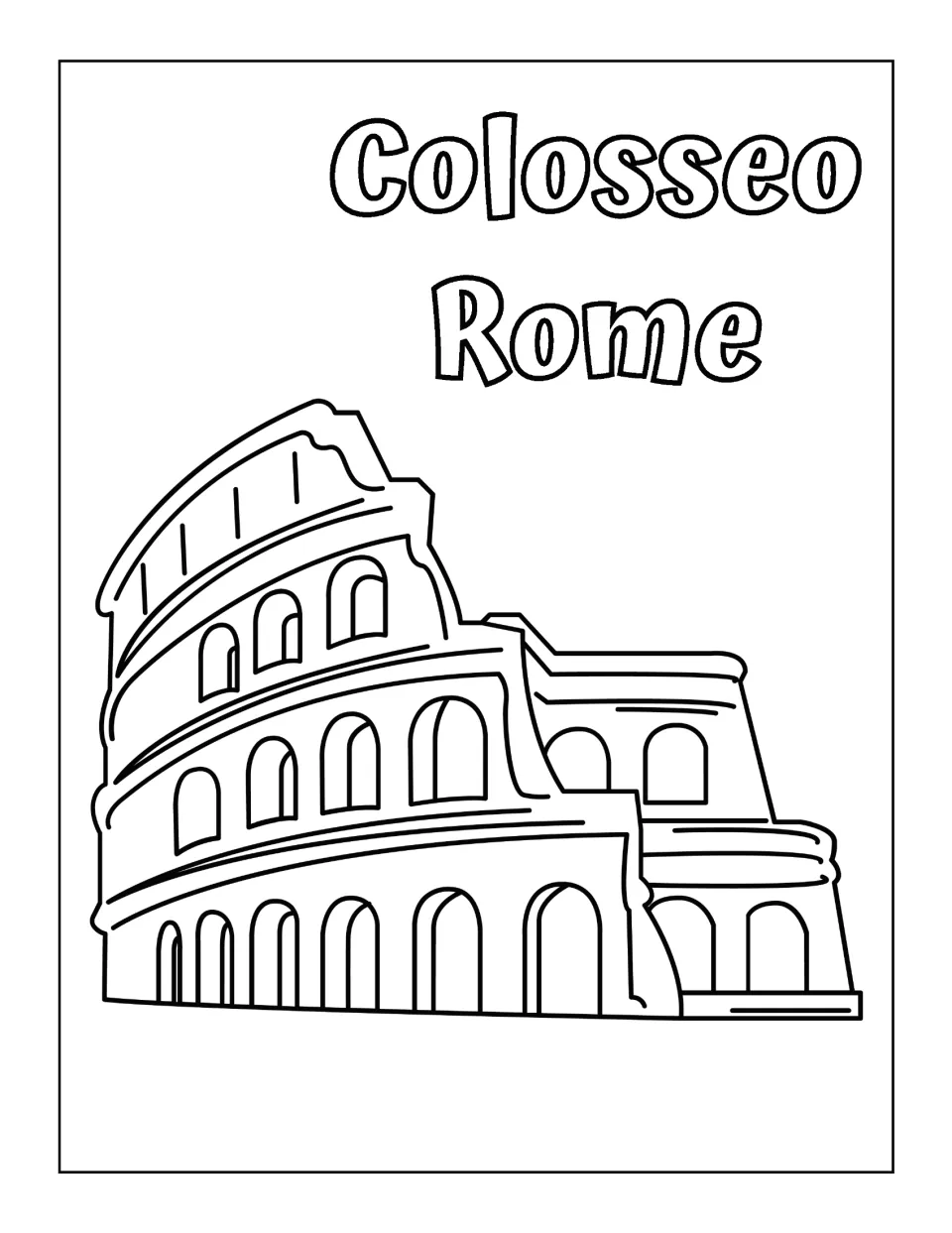 Italian landmark coloring page labeled 'Colosseo' (Colosseum) and 'Rome,' showing the building's arched openings