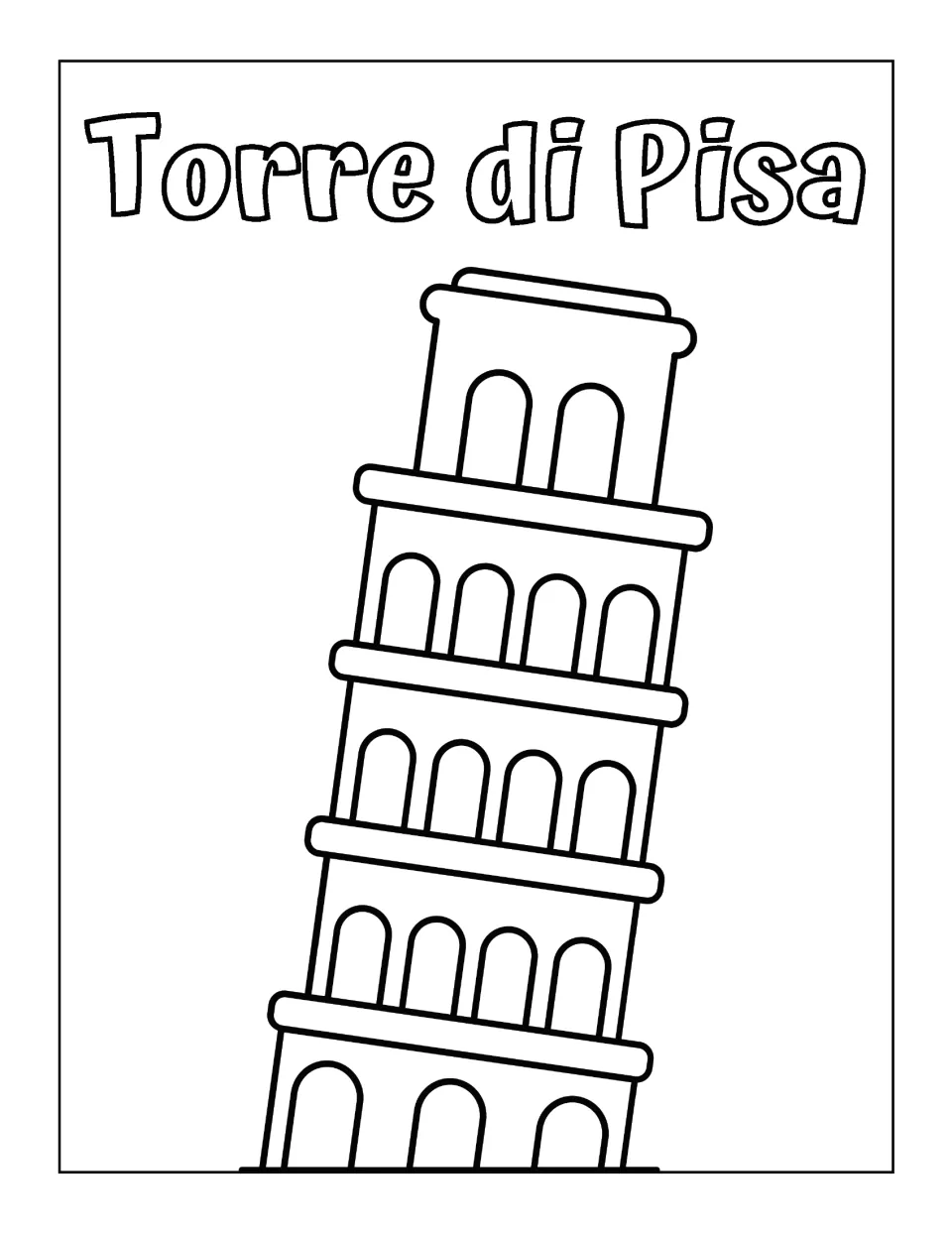 Italian landmark coloring page labeled 'Torre di Pisa' (Tower of Pisa), showing the leaning tower's stacked arches