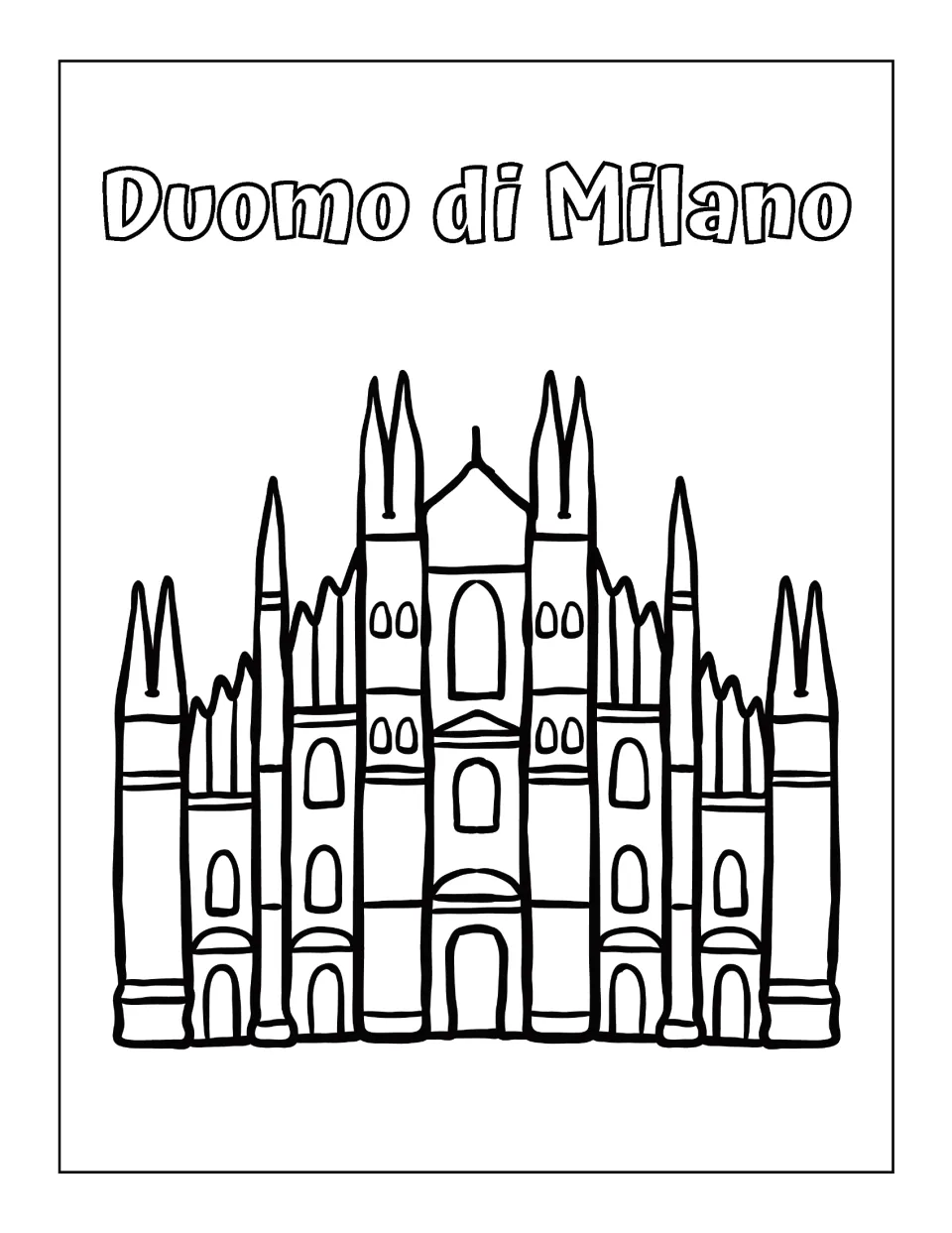 Italian landmark coloring page labeled 'Duomo di Milano' (Milan Cathedral), showing its pointed spires and doors