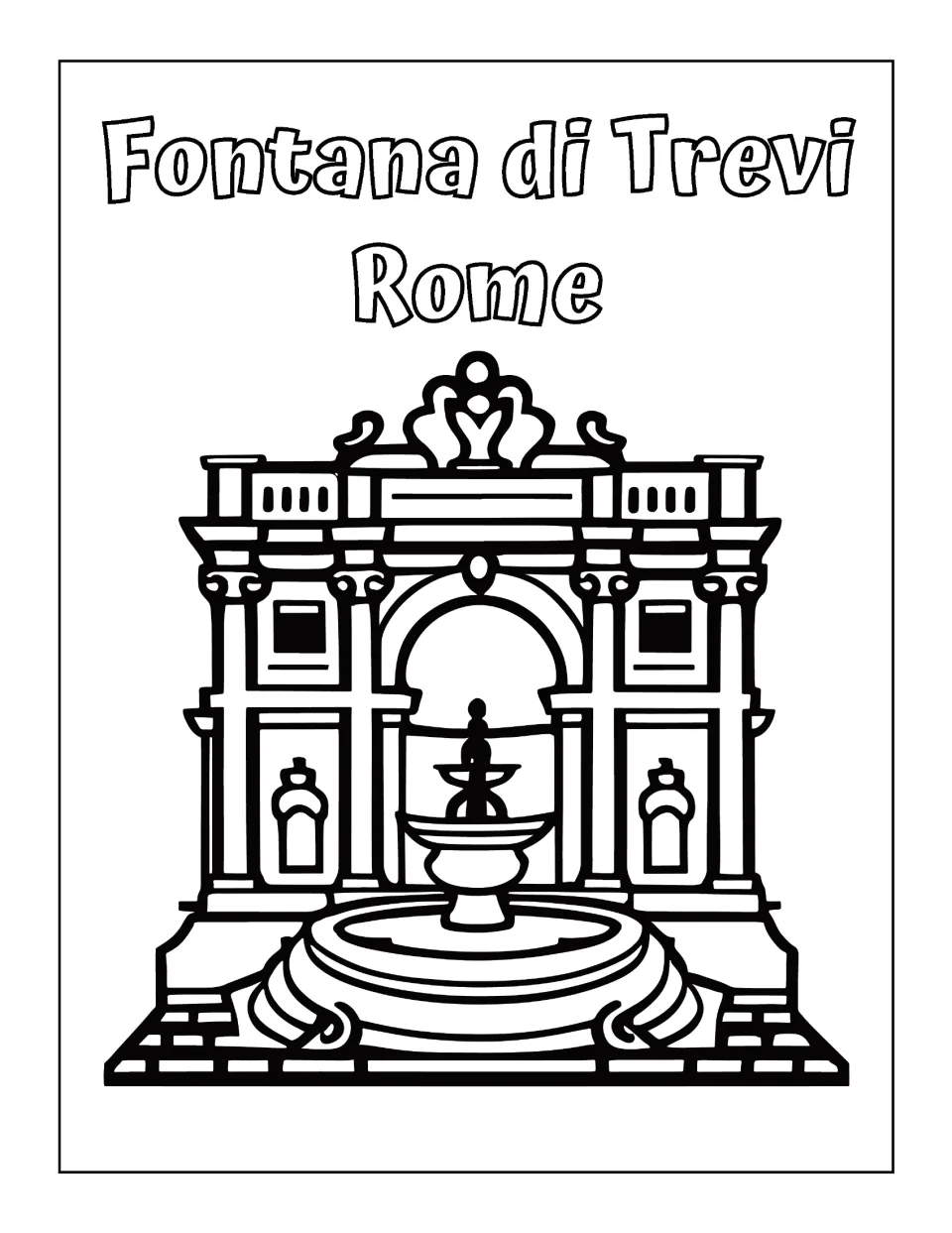 Italian landmark coloring page labeled 'Fontana di Trevi' (Trevi Fountain) and 'Rome,' showing a fountain facade