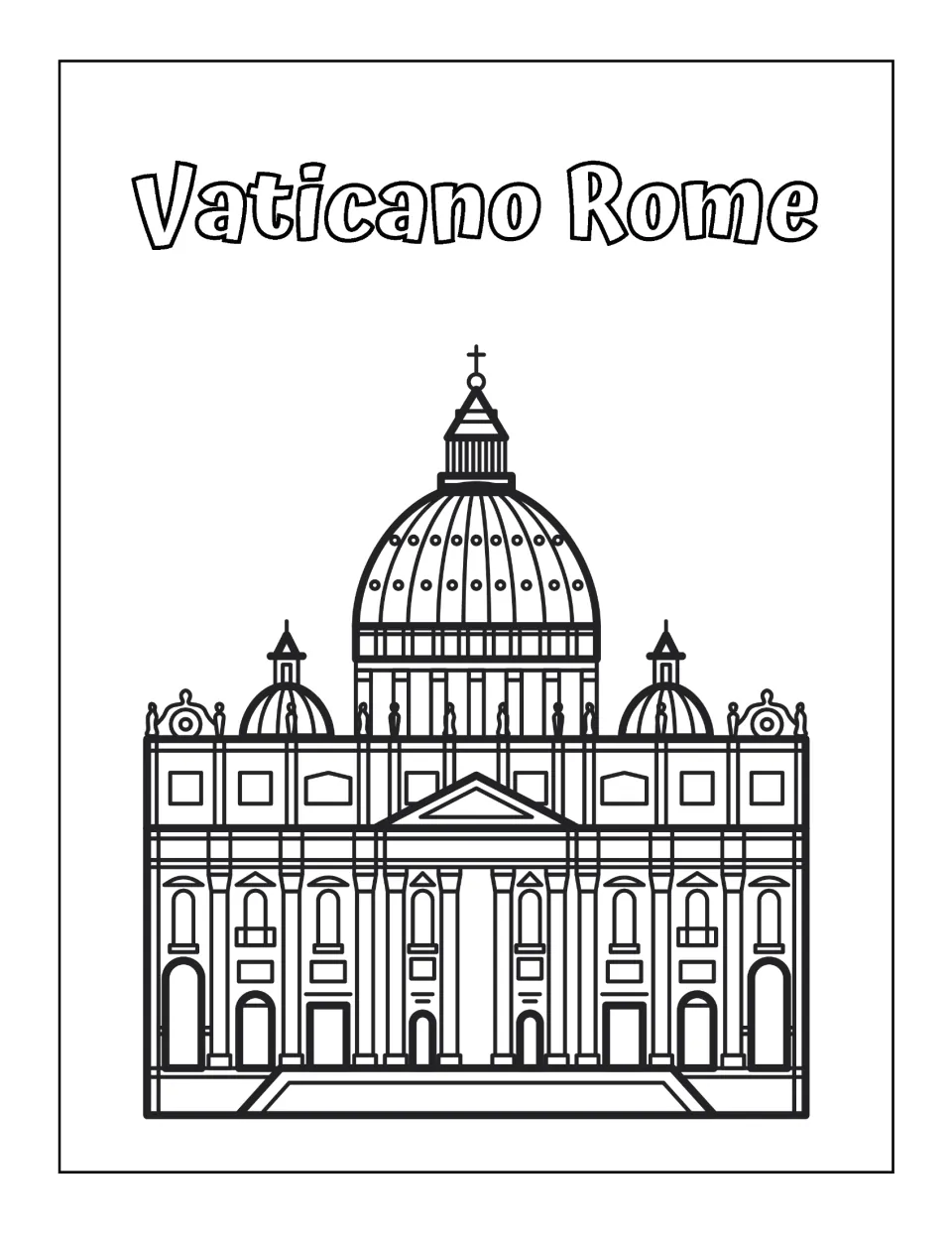 Italy-themed coloring page labeled 'Vaticano' (Vatican) and 'Rome,' showing a detailed domed church facade