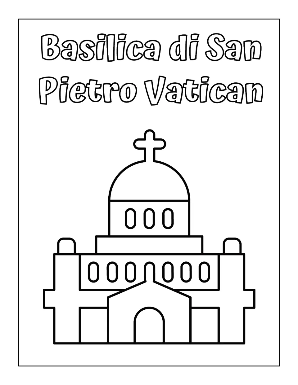 Italy-themed coloring page labeled 'Basilica di San Pietro Vatican' (St. Peter's Basilica), with a domed church